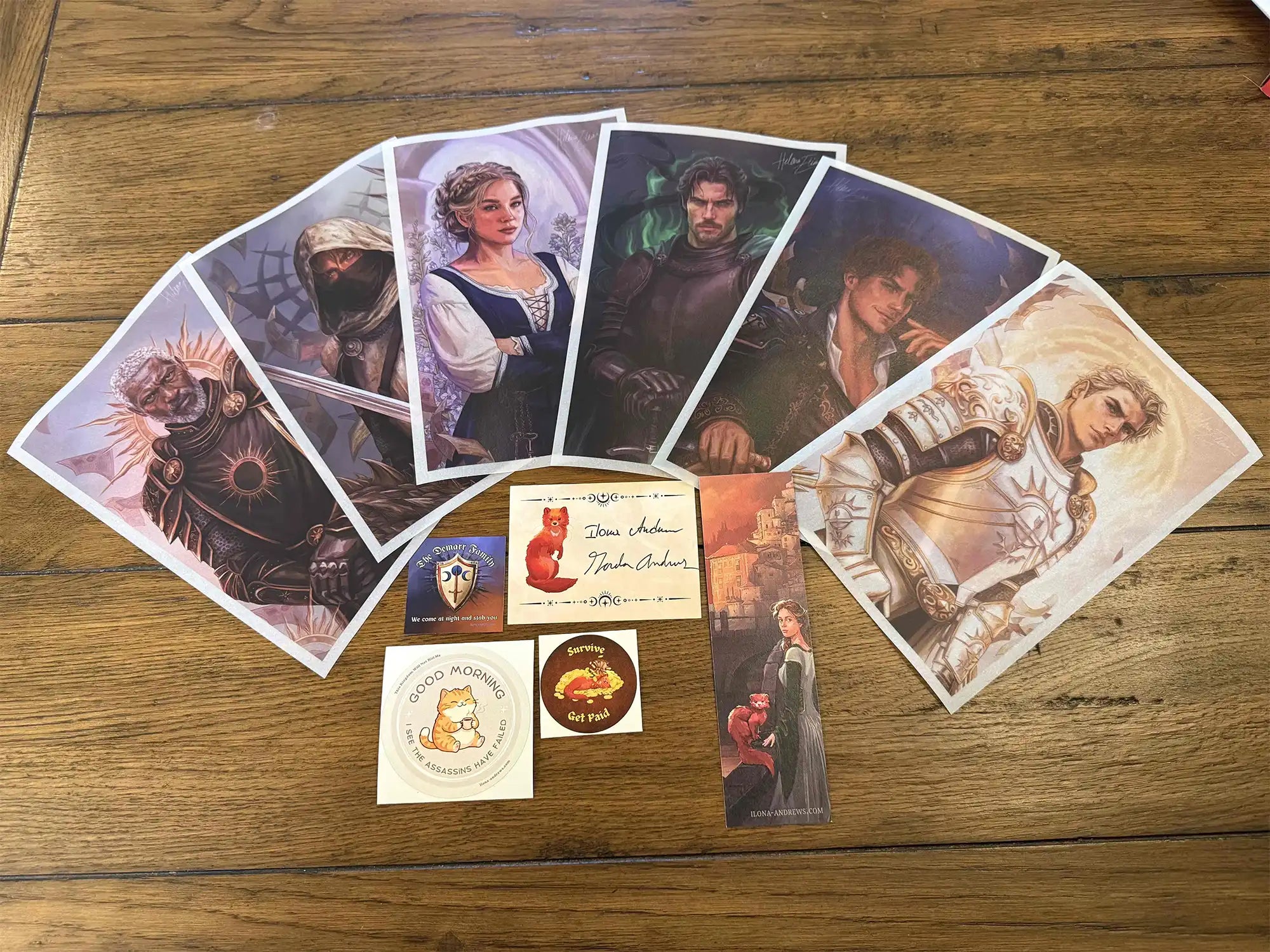 Collection of Vellum Character Prints on a wooden surface
